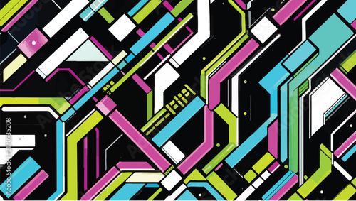 Geometric circuit board pattern intersecting neon pink, cyan, and lime green lines on a black background
