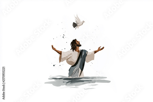 Watercolor of Jesus baptized with a dove descending