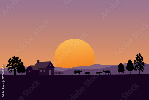 Silhouette of a serene rural farm landscape at sunset, with a farmhouse, wooden fence, grazing cows, and various trees and a large glowing orange sun above layered purple hills.