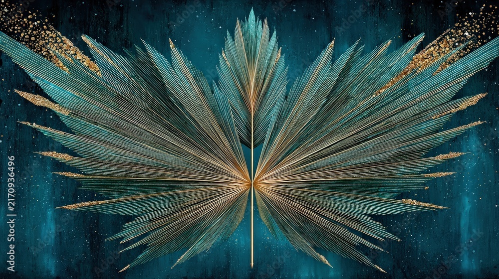 Fototapeta premium Artistic Gold Leaf Palm Frond with Sparkle Effect on Deep Blue Background