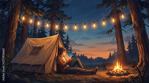 young man sitting near tent and campfire in night forest looking at smartphone. string lights, starry sky. outdoor camping, nature recreation, technology concept. banner, website header with copyspace