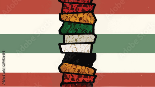 Stacked rectangular blocks of various colors and textures on a striped background