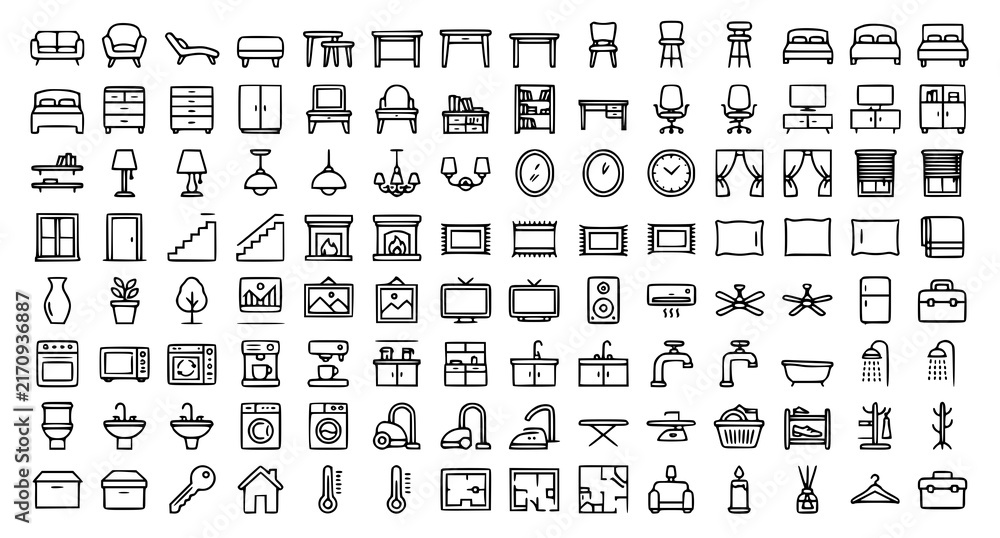 Obraz premium Home Styling and Interior Design UI Icons – 80 Editable Thin Stroke Living Vector Symbols