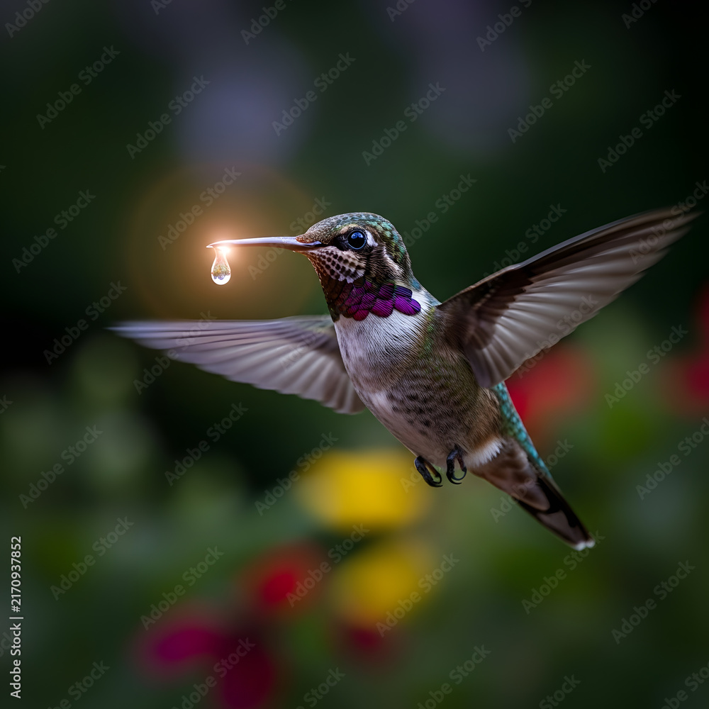 Fototapeta premium Hummingbird flying near colorful flowers
