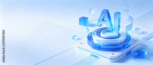 Futuristic 3D AI technology platform with glowing blue interface and geometric elements, idea for artificial intelligence, machine learning, automation and digital innovation banner