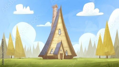 Whimsical Fairytale Style Wooden House with Tall Sloped Roof in Nature Scene