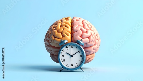 Colorful human brain combined with an alarm clock, symbolizing mental awareness, time management, productivity, daily routines, and the importance of balancing work and rest.