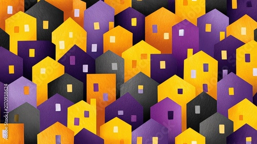 Colorful Abstract Pattern of Cubic Houses in Purple Yellow and Gray Tones