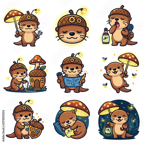 A collection of cute cartoon otters engaged in various whimsical forest activities