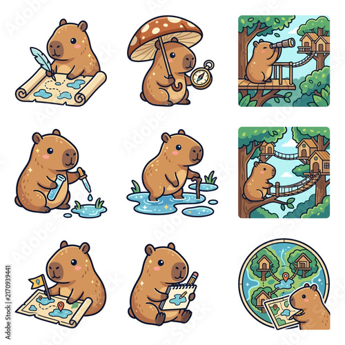 A collection of cute cartoon capybaras engaged in various adventurous and scientific activities
