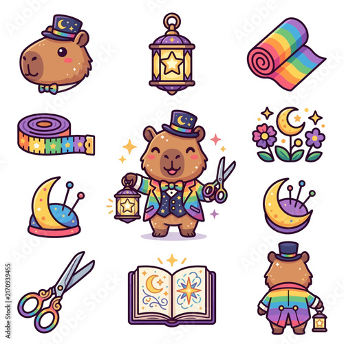 A collection of cute cartoon animal tailor icons with magical elements