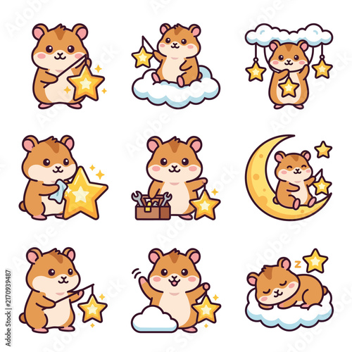 A collection of cute cartoon hamsters interacting with glowing stars and fluffy clouds