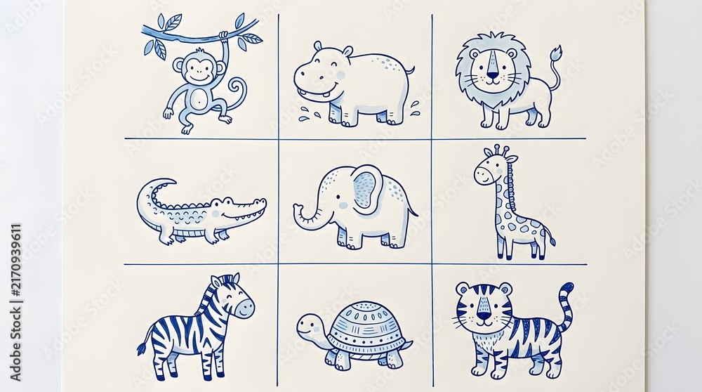 Fototapeta premium A collection of cute hand drawn blue ink sketches featuring various safari animals including a monkey lion elephant giraffe zebra and tiger for kids