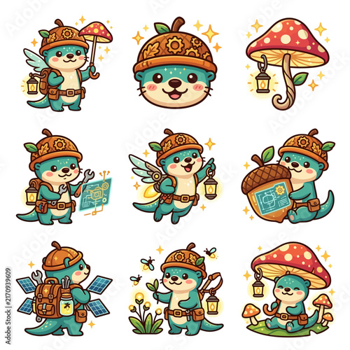 A collection of cute cartoon otters wearing acorn hats in a magical forest setting