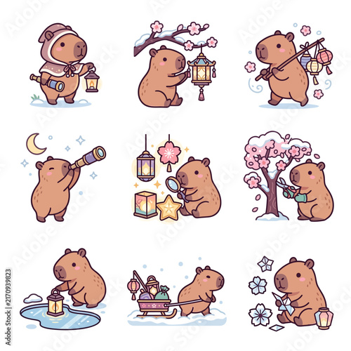 A collection of cute cartoon capybaras engaging in various seasonal activities and winter hobbies