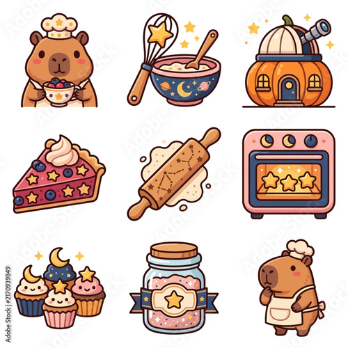 A collection of cute cartoon baking icons featuring a friendly rodent chef