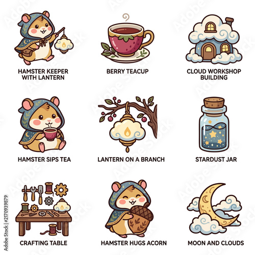 A collection of cute fantasy illustrations featuring small rodents and magical items