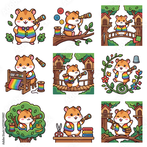 A collection of cute cartoon hamsters exploring with telescopes in various colorful settings