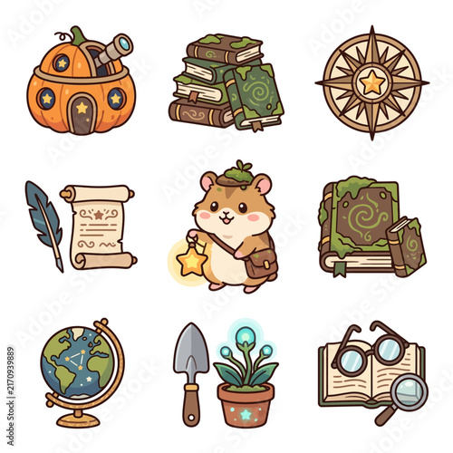 A collection of cute fantasy adventure icons featuring magical items and a small creature