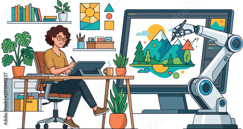 Artist and AI Collaborate on Digital Design Crafting Landscape Illustrations with Tablet and Robotic Arm, Showcasing Future Creative Technology