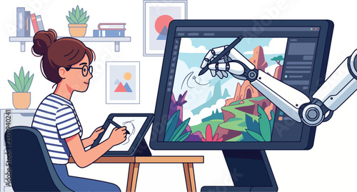 Woman artist collaborating with robotic arm on digital painting project in modern home studio using high technology tools