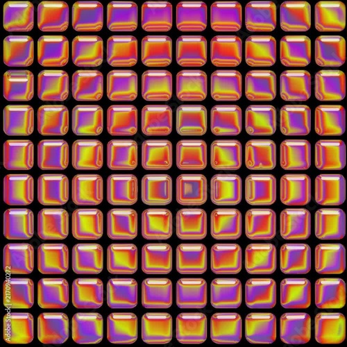 Vibrant grid pattern of glossy rounded squares with iridescent, psychedelic gradients in purple, orange, and yellow tones, isolated against a solid black background.