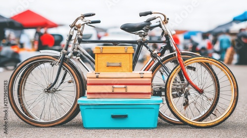 Vintage bicycle loaded with colorful suitcases and storage containers at outdoor market