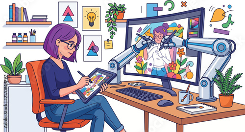 Female Graphic Designer Creating Digital Art with Robot Hands Collaboration in Creative Modern Workspace Illustration