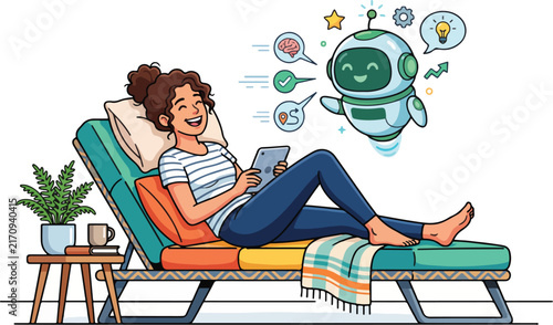 Happy woman enjoying smart AI assistance on tablet, combining relaxation with advanced learning and productivity in a modern, illustrative digital lifestyle scene