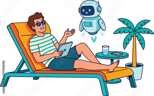 Man relaxing on beach chair with tablet interacting with a floating artificial intelligence robot assistant in a tropical summer vacation setting