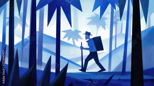 Paper Cut-Out Style Illustration of a Man Hiking in a Forest with Backpack and Hat