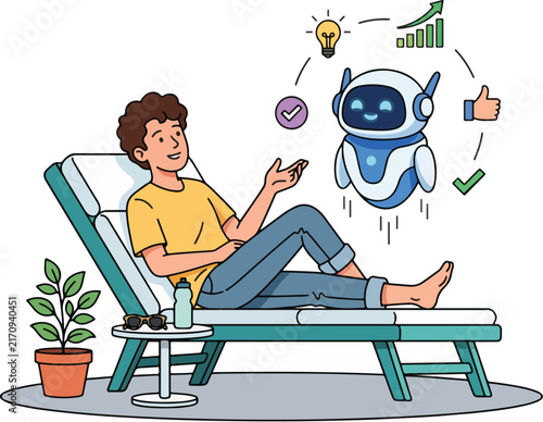 Relaxed man enjoying leisure time while an innovative AI robot assistant handles tasks, symbolizing the future of smart living, automation, and effortless productivity