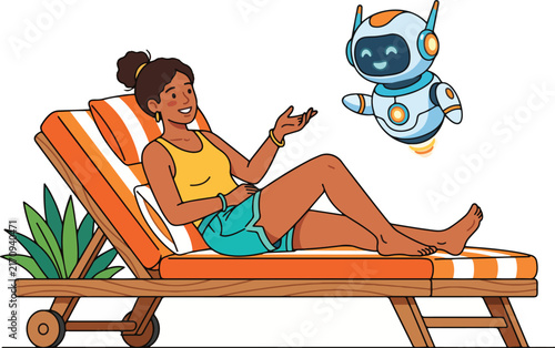 Young Woman Relaxing on a Sun Lounger while Interacting with a Friendly AI Robot Assistant on Vacation