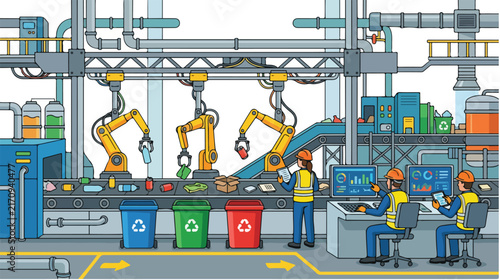 Automated recycling plant with robotic sorting arms, conveyor belts, and workers monitoring waste management systems in a modern industrial facility