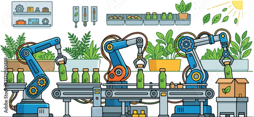 Smart agriculture automation with robotic arm conveyor belt bottling organic plant juice
