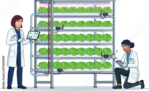 Female scientists monitoring hydroponic vertical farming system in modern agricultural laboratory illustration