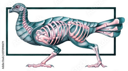 Detailed illustration of a bird's internal anatomy with skeletal and muscular structures