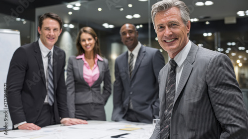 Four diverse business professionals in formal attire pose confidently around a table with plans in a modern office setting.