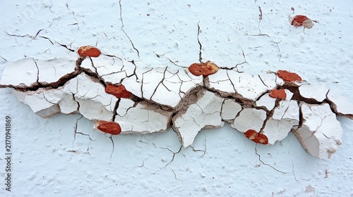Cracked white wall with emerging orange growths and fine structural details