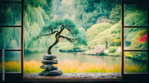 Serene Japanese Garden View with Bonsai Tree through Traditional Sliding Doors