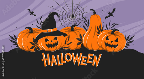Halloween banner. Pumpkins, cobwebs, spider and a bat. Vector illustration for posters, holiday covers, backgrounds, sales. 