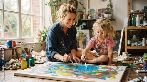 Mother and daughter enjoying painting and being creative together.