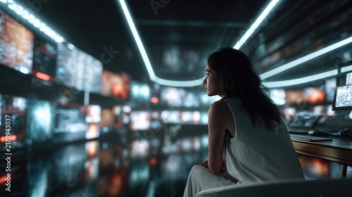 Surveillance Room Contemplation: A lone woman sits in a dimly lit, high-tech surveillance room filled with glowing screens, contemplating the vast network of information surrounding her.