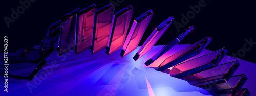 Abstract falling glass dominoes banner with purple and blue neon lights