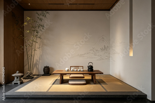 Minimalist oriental tea set with bamboo shadow projection on light wall, peaceful tea still‑life