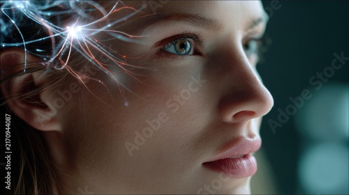 Cerebral Spark: A close-up profile of a young woman's face, her eyes alight with a futuristic glow, as intricate light trails suggest neural pathways igniting with ideas and innovation.
