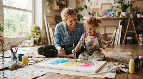 Mother and daughter enjoying painting and being creative together.