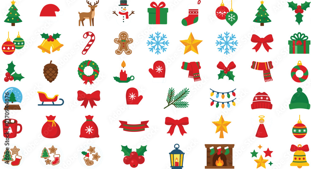 Fototapeta premium Christmas holiday icon collection featuring festive trees, ornaments, gifts, snowflakes, stockings, Santa hats, wreaths, candy canes, and seasonal decorations