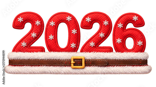 Christmas 2026 red textured numbers with snowflakes and Santa Claus fur belt festive banner isolated on white background.