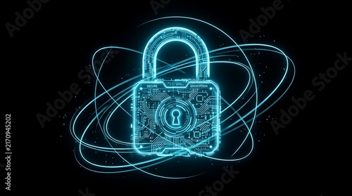 Abstract cybersecurity concept featuring futuristic digital padlock illuminated by glowing blue circuits against dark backdrop.